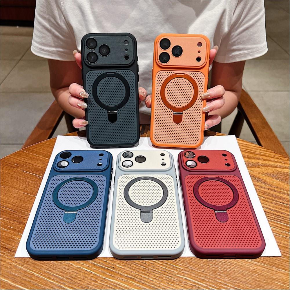 Luxury Heat Dissipation Cooling Mesh Hole Case for iPhone 17 16 15 14 Plus 13 12 Pro Max For Magsafe Stand Holder Armor Cover
