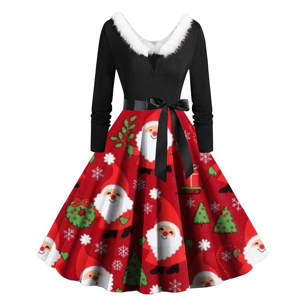 Women's Casual Christmas Print Round Neck Pullover High Waist Long Sleeve Dress