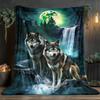 1pc Wolves in Moonlit Forest Blanket - Lightweight Flannel All-Season Soft & Warm Throw, Mystical Waterfall & Full Moon Digital Print for So