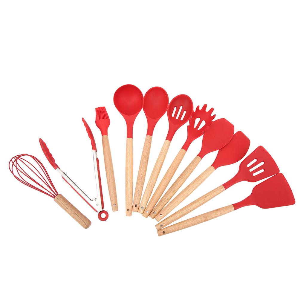 12 PCS Kitchen Cooking Utensils Set Ergonomic Wooden Handle Silicone Kitchen Gadgets Kitchenware for Cooking Red