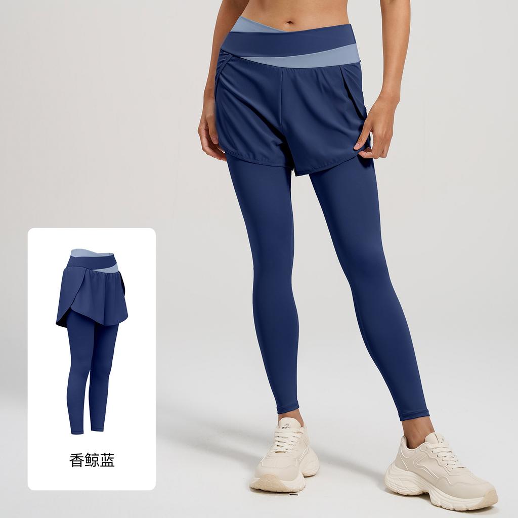 Color matching anti-light fake two-piece yoga pants high waist belly pocket pants sports fitness pants