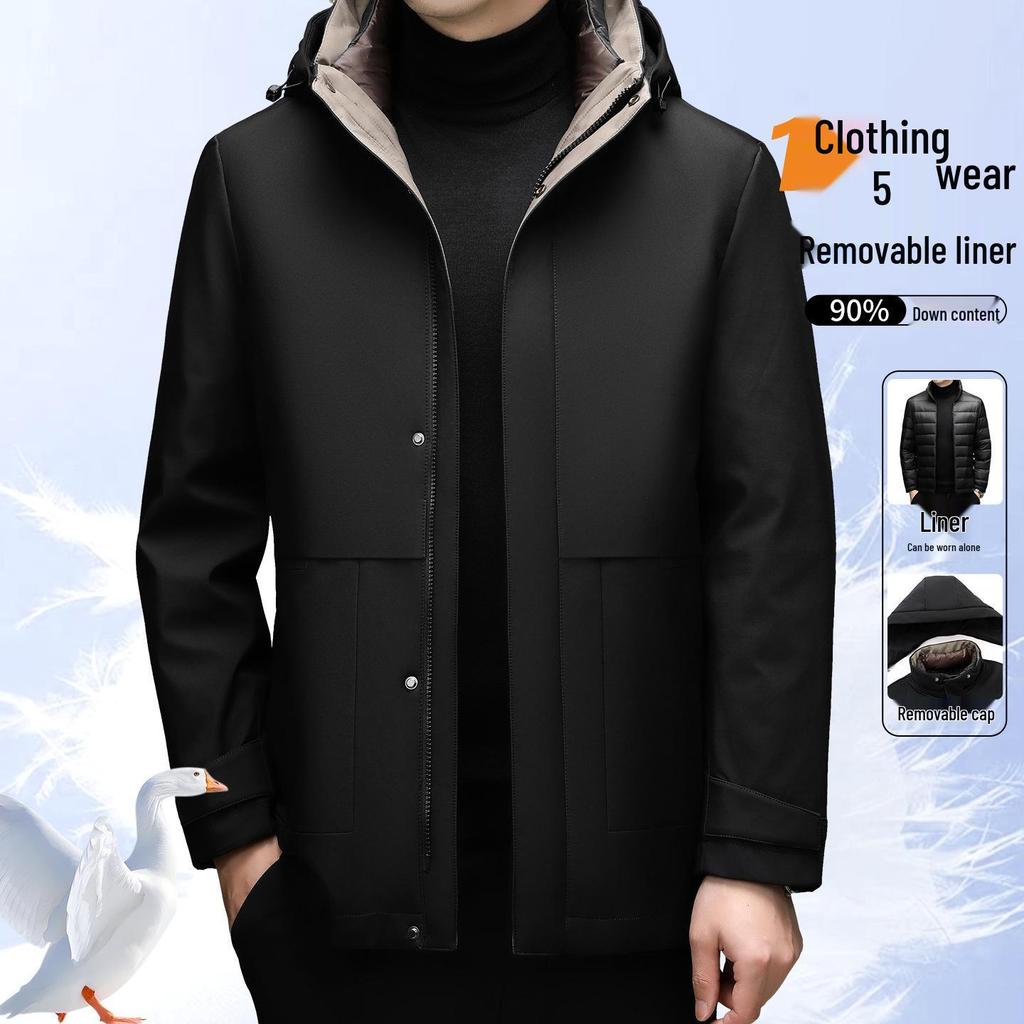 Men's Fashionable Hooded Winter Jacket with Detachable Liner - 90% Duck Down, Cold-Resistant, Ideal for Middle-Aged
