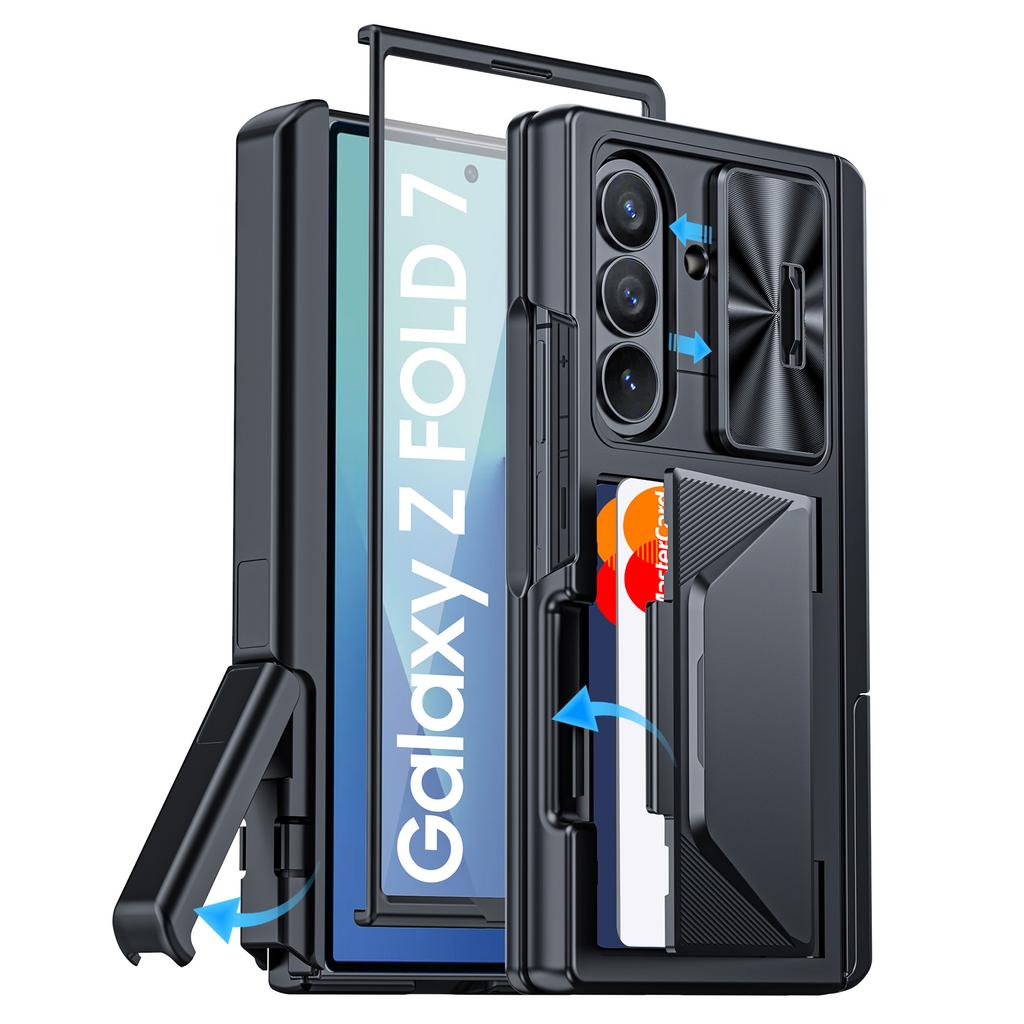 for Samsung Galaxy Z Fold 7 With Card Holder RFID Blocking,Built in Slide Lens Cover & Hinge Protection&Kickstand & Screen Protector,Wallet Case-Gold