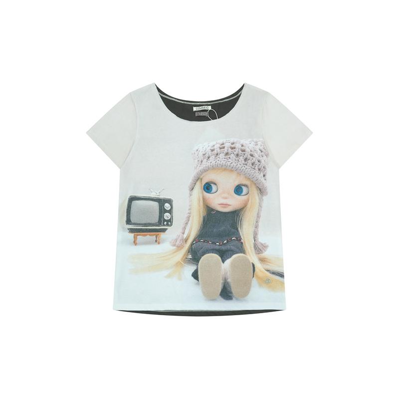 Women Off Shoulder Loose Short Sleeve T-Shirt Cute Blythe Doll Digital Print Oversized Casual Tee Spring Top S