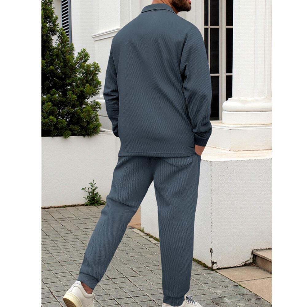 Men's Slim Fit Cardigan Jacket Single-breasted Pocket Long Sleeved Sportswear Elegant Two-Piece Set with Long Pants
