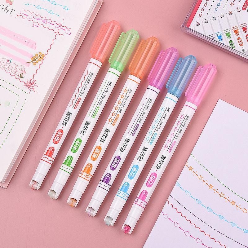6pcs Wave Line Art Marker Pens Set Multi Color Love Star Cloud Point Liner Highlighter for Drawing Diary School