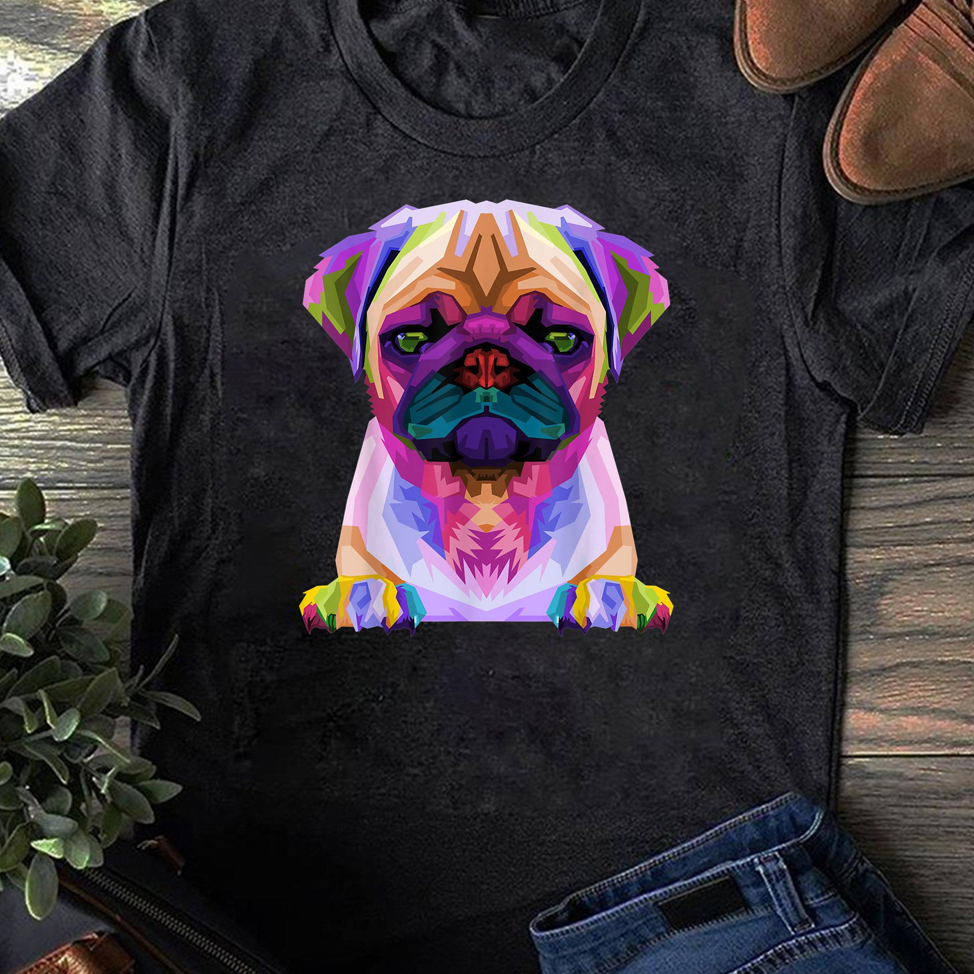 Colorful Pop Art Pug Shirt Dog Lover Women T Shirt Cotton Tops S чёрный