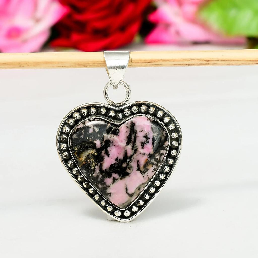 Rhodonit Anhänger Edelstein Handgefertigt 925 Sterlingsilber Schöner Anhänger