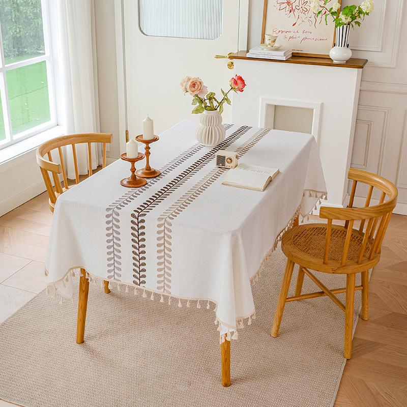 Embroidery High-Grade Waterproof Cotton And Linen Fabric Dining Table Cloth Rectangular Fringe Simple Tablecloth