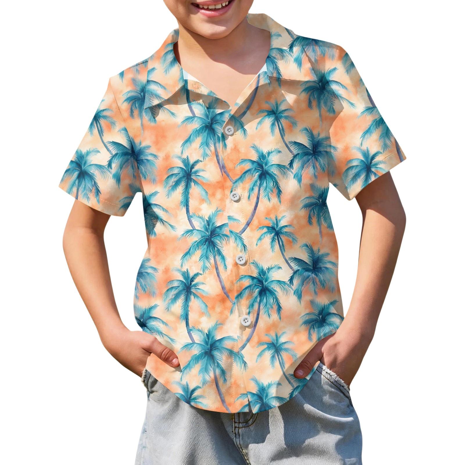 

Boys Short Sleeve Hawaiian Shirt Button Down Casual Shirt Lightweight Summer Beach Shirt for Kids Tropical Print Shirt 150