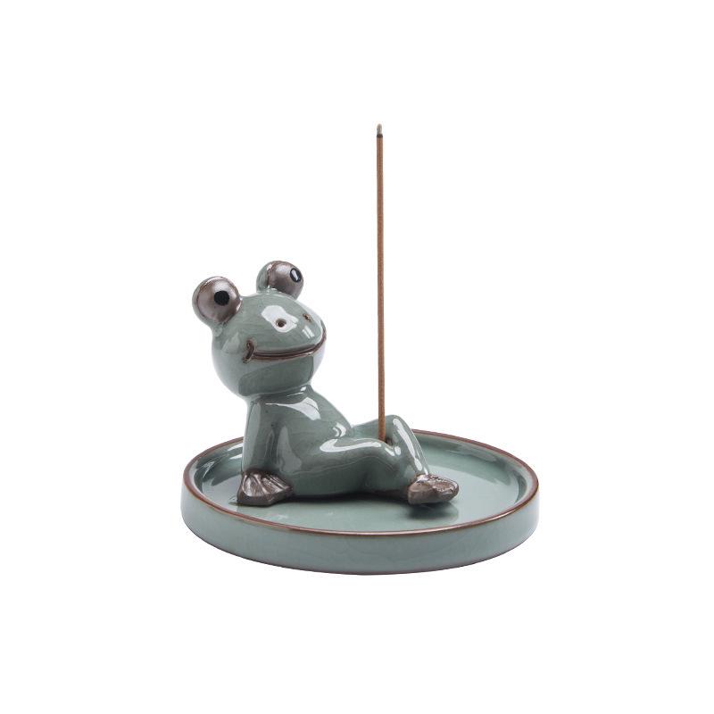 Zen Frog Ceramic Incense Burner and Holder - Ge Kiln Style for Home or Office Decor