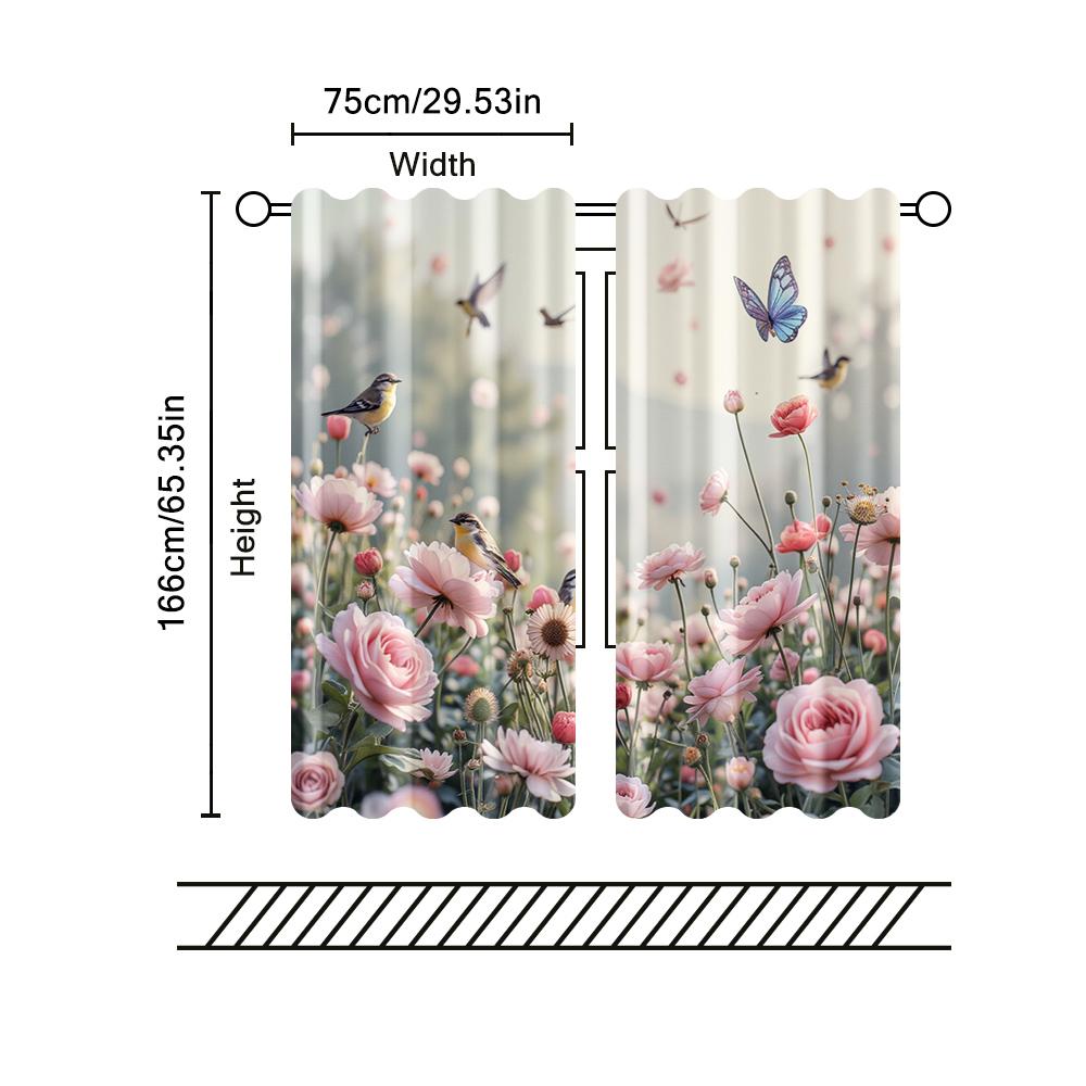 2 pcs, filtering curtains (excluding rods, non-movable, without batteries) Floral and Bird for use in bedrooms and living rooms