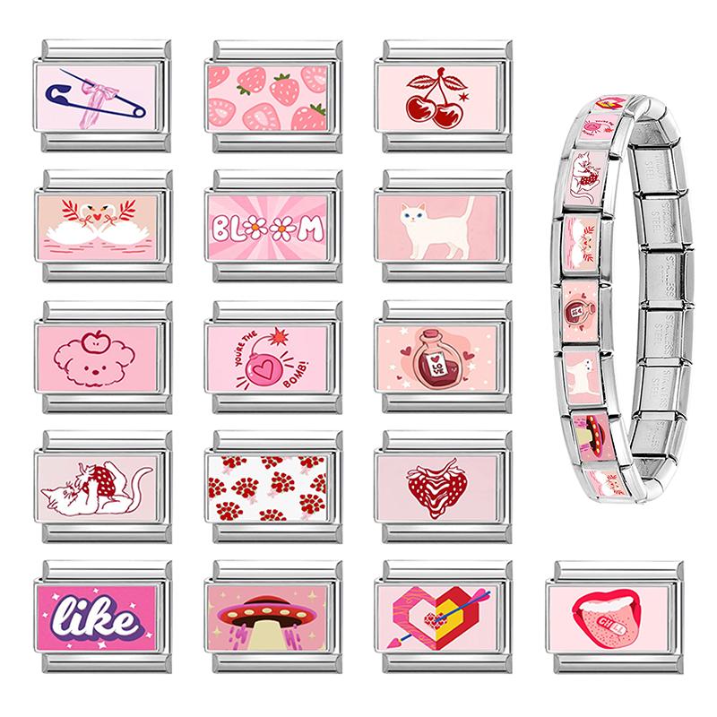 New Pink Y2K Strawberry Cherry Heart Cat Dog Flower Bow Italian Charm Links Fit 9mm Stainless Steel Bracelet Women DIY Making