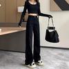 2025 Spring/Summer Women's Black High Waist Wide-Leg Jeans - Petite Floor-Length Fit