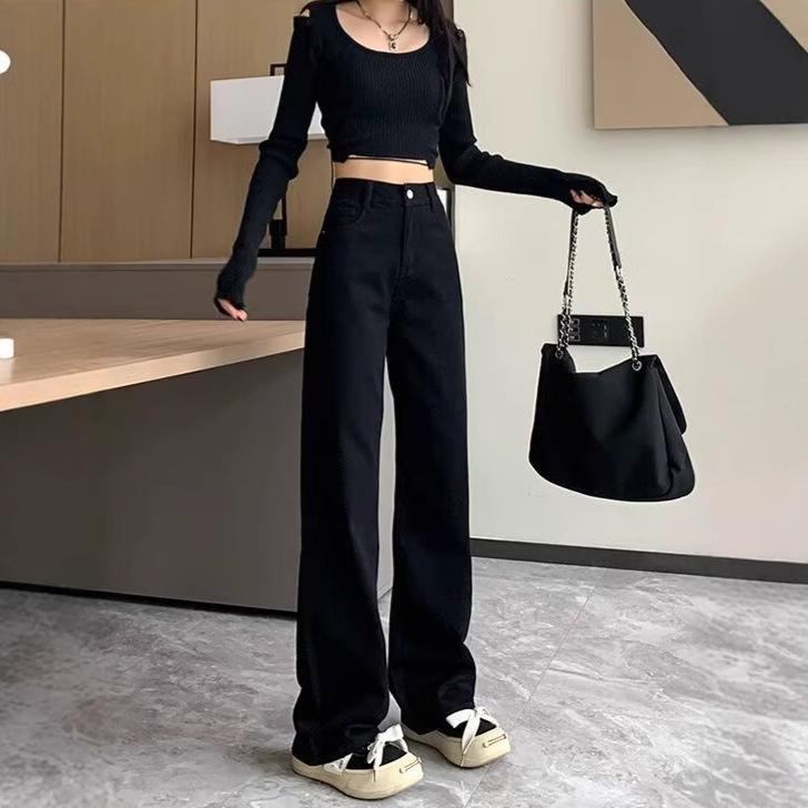 

2025 Spring/Summer Women s Black High Waist Wide-Leg Jeans - Petite Floor-Length Fit XS