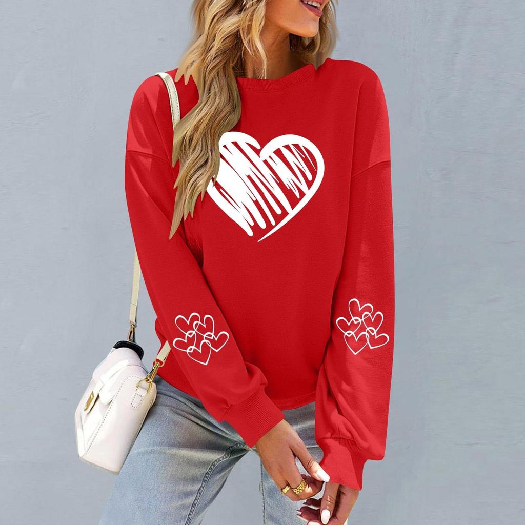 Damen Modisches Lässiges Langärmliges Hals Valentinstag Print Pullover Sweatshirt