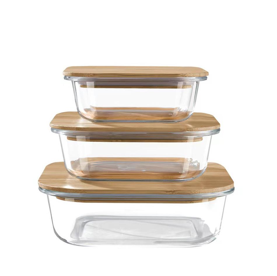 2026 Bamboo Lid High Borosilicate Glass Lunch Box High Temperature Resistant Rectangular Sealed Fresh-Keeping