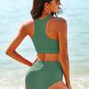 New Solid Color Printed Swimsuit Split High Waist Vest Sports Conservative Swimsuit