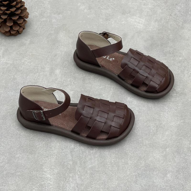 Johnature Soft Cowhide Woven Round Toe Flat Sandals Soft Sole Comfortable Genuine Leather Women's Shoes