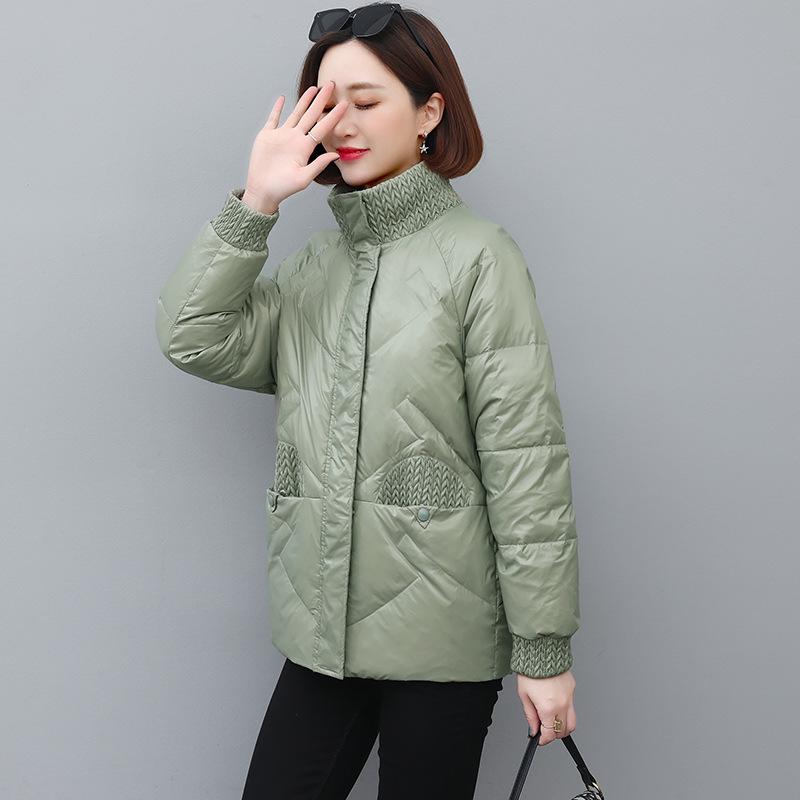 

Женский короткий пуховик 2024 Зима - Модный утолщенный воротник-стойка с пухом белой утки для мам среднего возраста 2XL 146-160 jin серый/зелёный