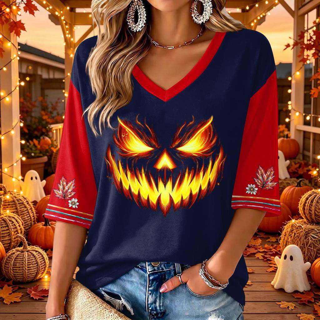 Women's V-Neck Halloween Print Three-Quarter Sleeve Casual Blouse for Fall