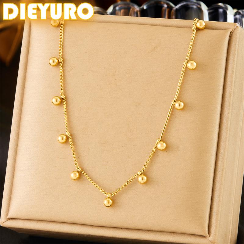 DIEYURO 316L Stainless Steel Golden Round Ball Necklace For Womens New Exquisite Cute Trendy Bead Neck Chain Jewelry Gift