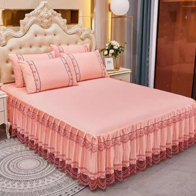 3-Piece Lace Bed Skirt Set Summer Dustproof Anti-Slip Ximengsi Protective Cover for Double Single Bed