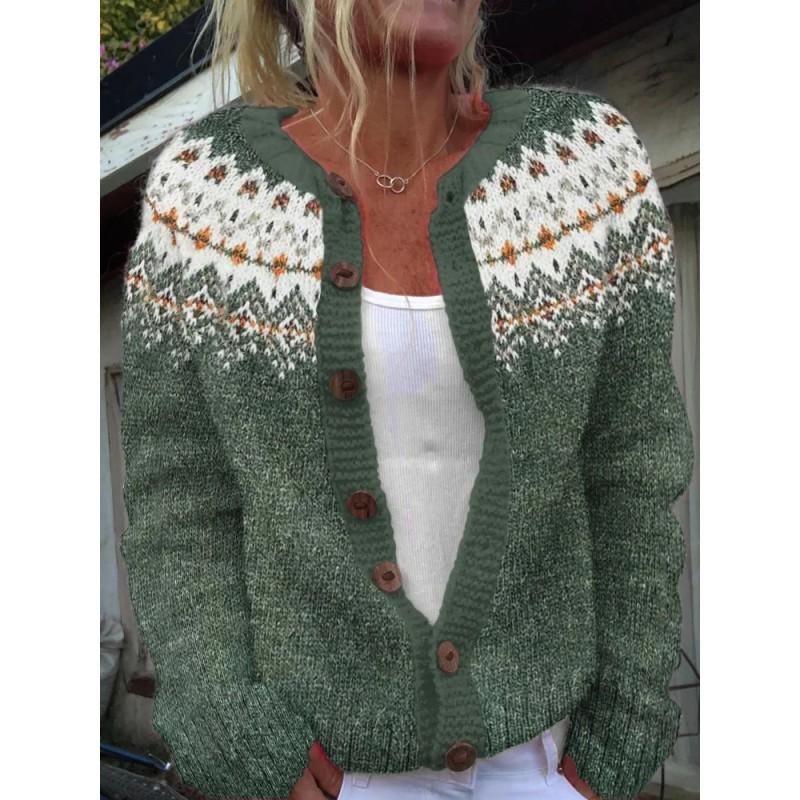 Womens Color Block Knit Cardigan Loose Fit Long Sleeve Geometric Casual Commute Style
