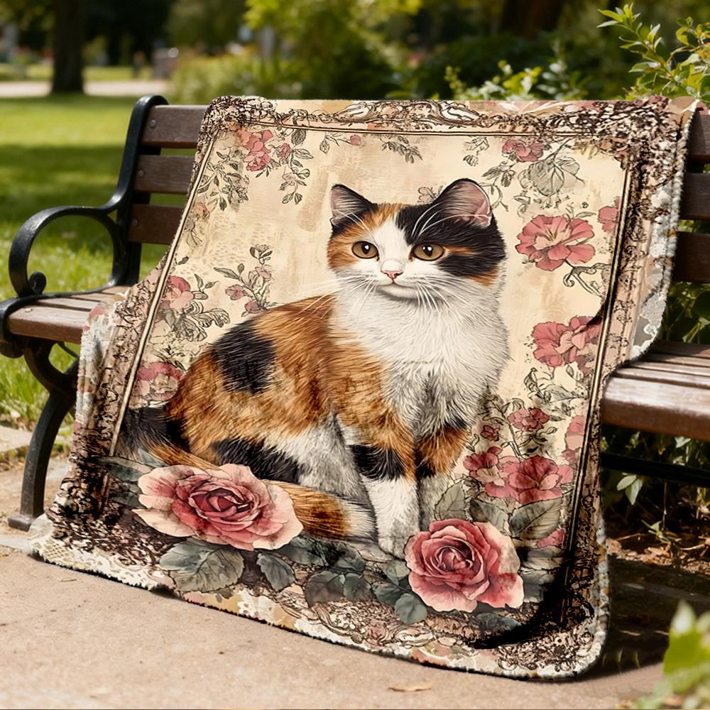 1pc Cat Portrait Outdoor Flannel Blanket Soft All Season Polyester Throw , Perfect for Picnics & Travel , Picnic Accessory