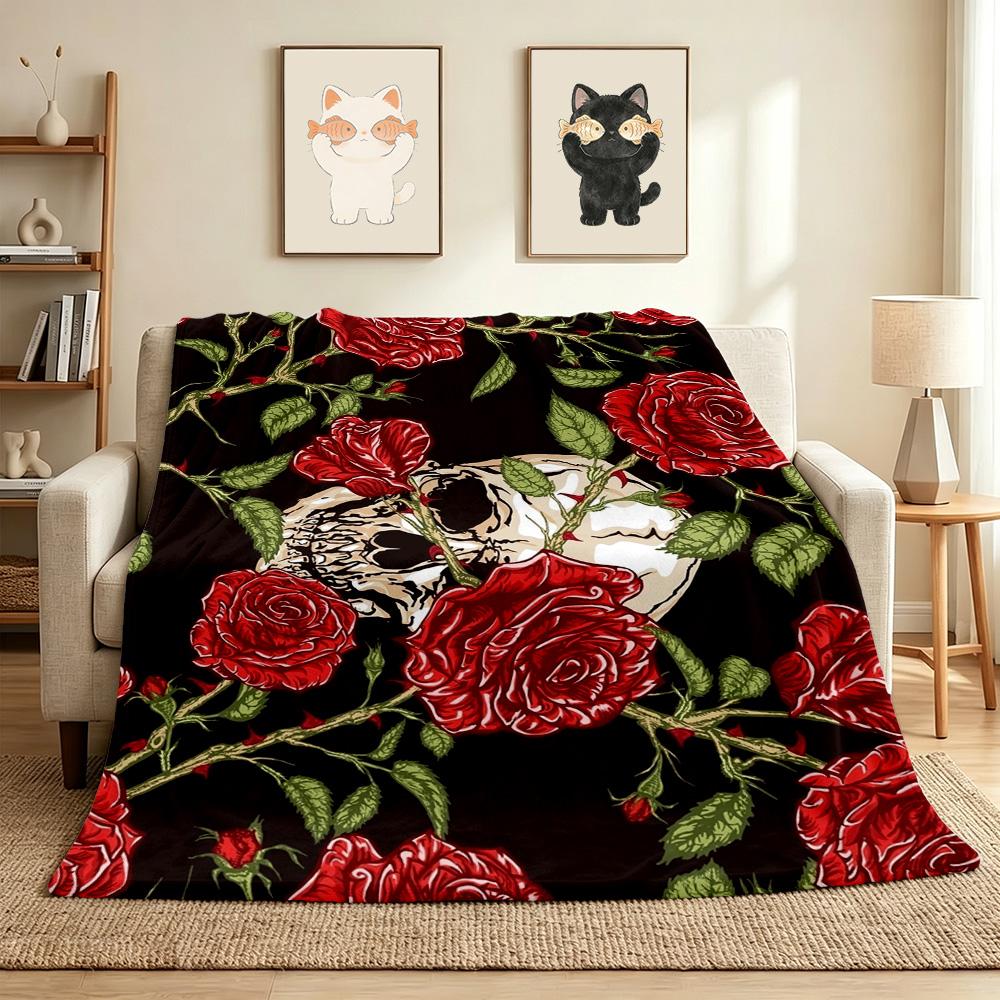 Skull Roses Flannel Blanket Throw Blanket Soft Warm Sofa Bed Camping Car home Decor Unique Christmas Gift C930534