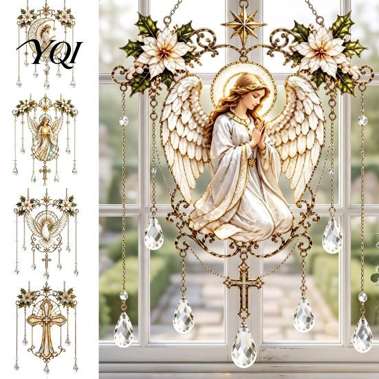 Stained Glass Angel Window Hanging Effect Blessing Suncatcher, Acrylic Prayer Decorative Suncatcher Ornament with Faux Crystal Charm for Home