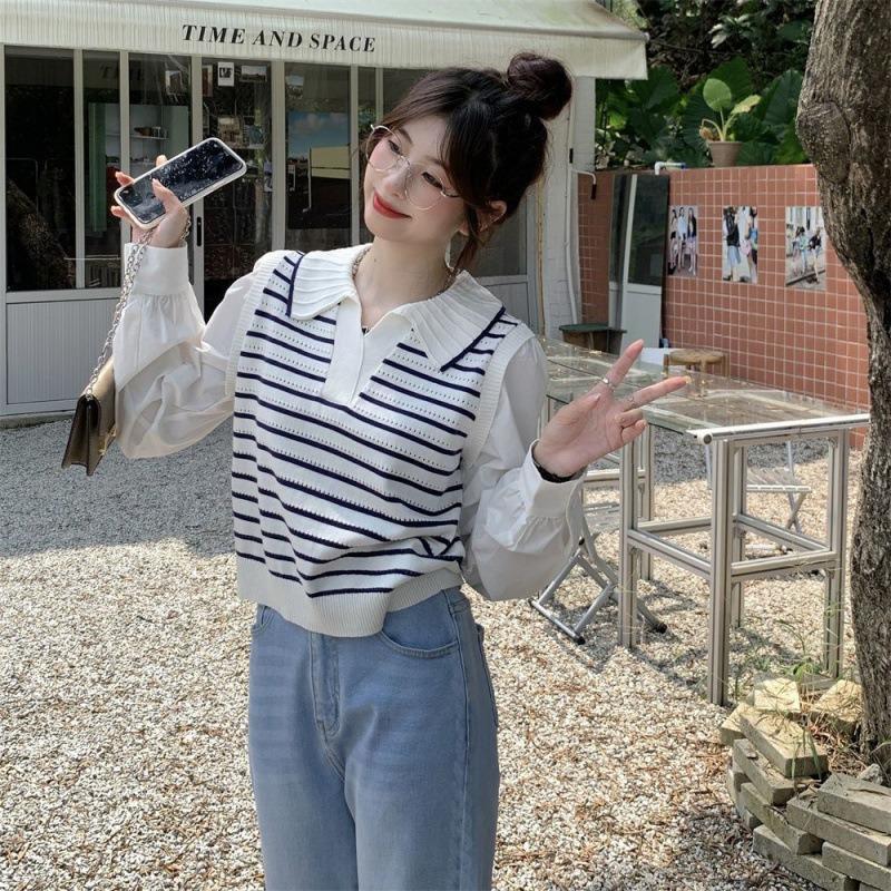 polo collar stripe fake two long sleeve knitted sweaters women's autumn new design sense niche slim short top