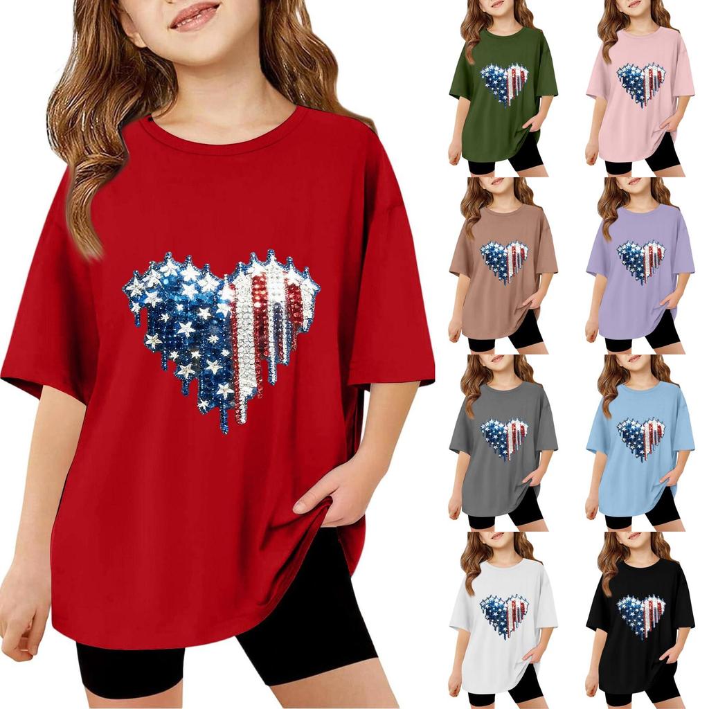 Kids Short Sleeve T-Shirt with Sequin Heart Print Independence Day Top Casual Loose Fit Tee for Boys and Girls Summer Wear