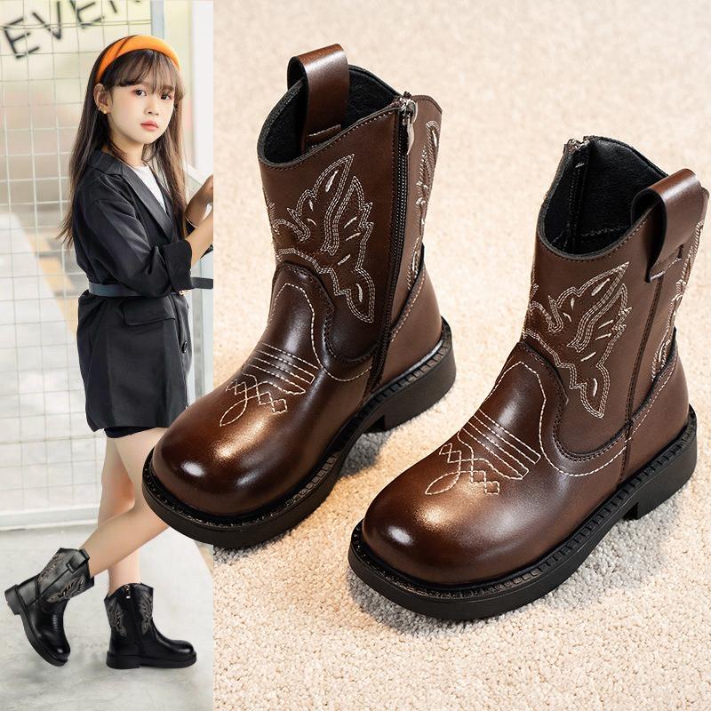 Children's PU Leather Boots Classic Western Cowboy Embroidery Girls Long Booties Kids Autumn Round Toe Retro Shoes Botas Niña