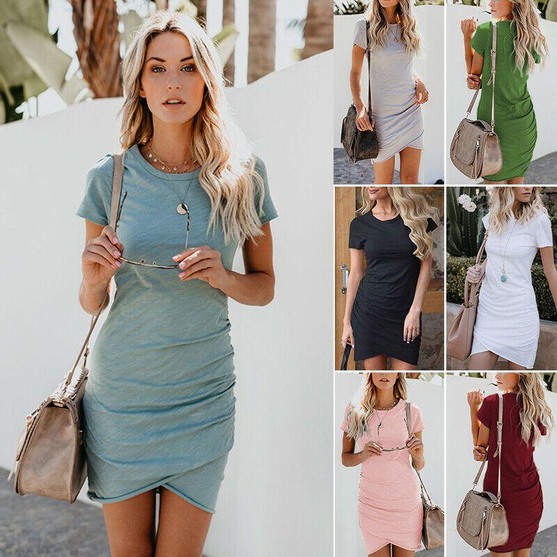 Elegant Womens Asymmetric Bodycon Short Sleeve Holiday Summer Party Mini Dress