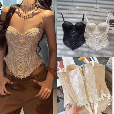 Canottiera Corsetto Retrò in Pizzo con Stecche e Imbottitura sul Seno, Zip Elastica sul Retro