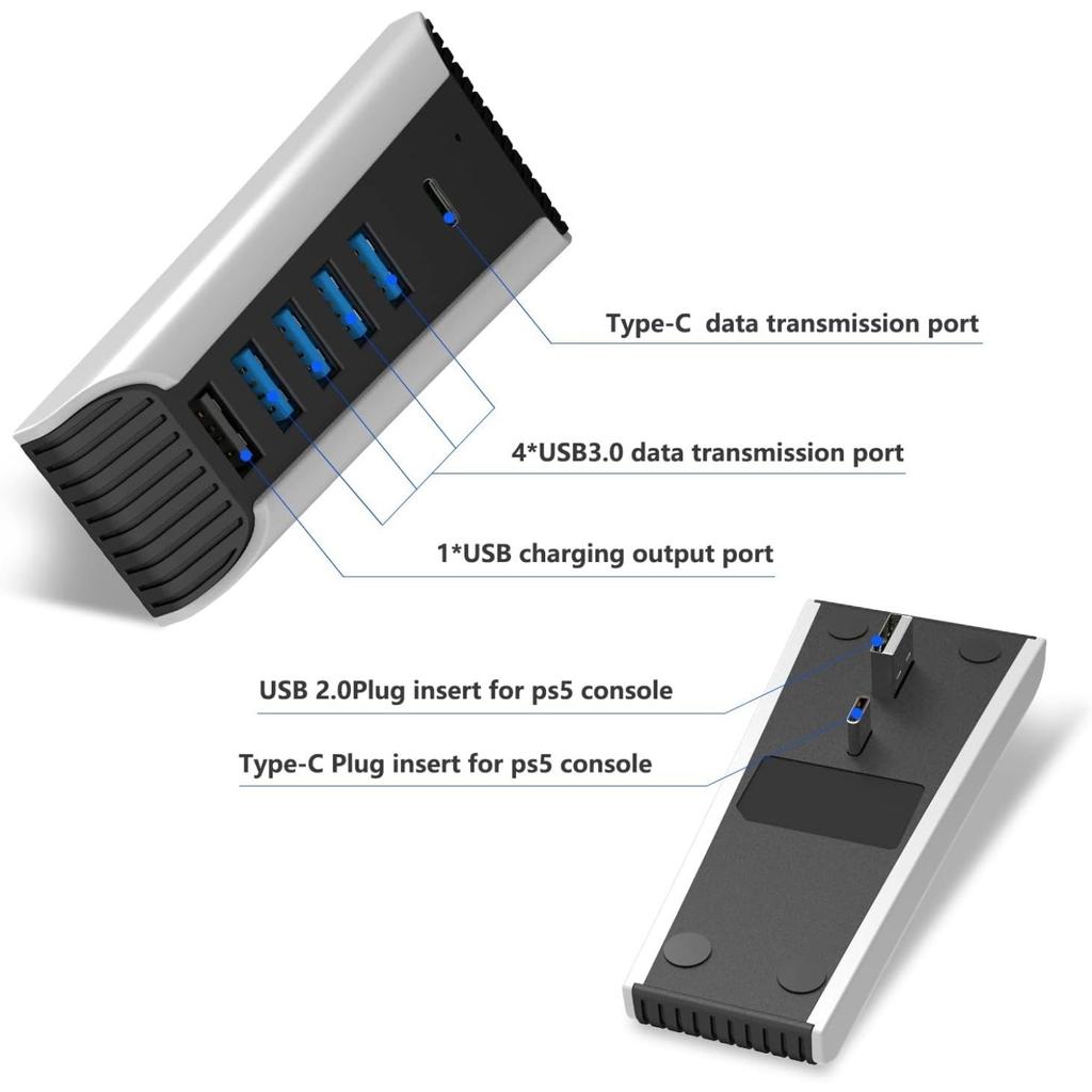 USB C Hub, 5 In 1 USB Hub High‑Speed Expansion Adapter with USB3.0 Type‑C Ports for PS5 Console, Support 4 USB Data Output Ports