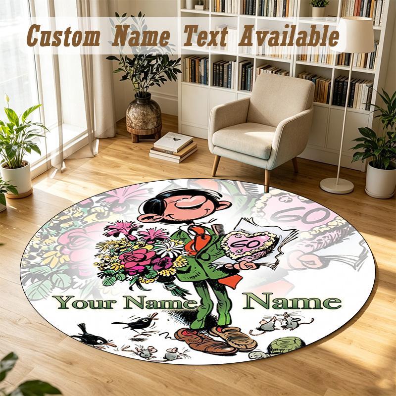 Gaston Lagaffe Personalized Round Rug Support Custom Name, Soft Home Decor Mat