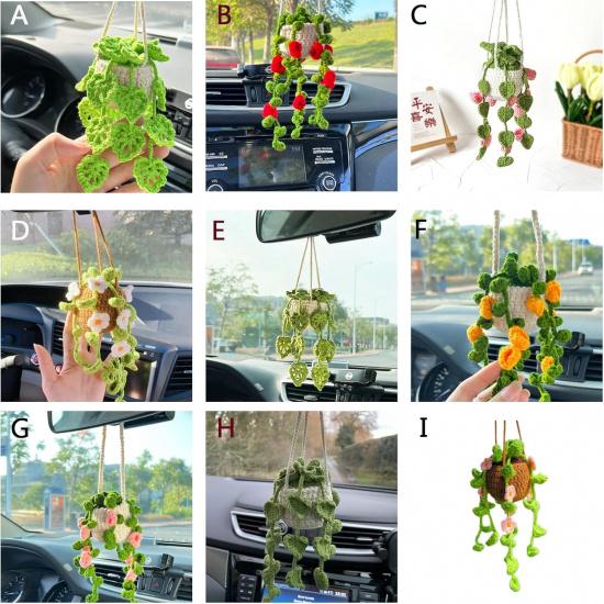 Crochet Hanging Plant for Car, Cute Car Plant Accessories, Knitted Plant Car Mirror Hanger, Boho Car Plant Crochet Hanging Basket (A)