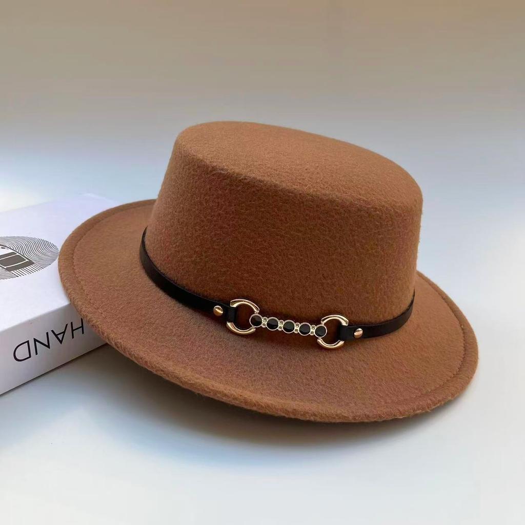 Hat Female British Autumn and Winter Celebrity Retro Versatile Jazz Hat Flat Top Felt Hat Black Wool Top Hat