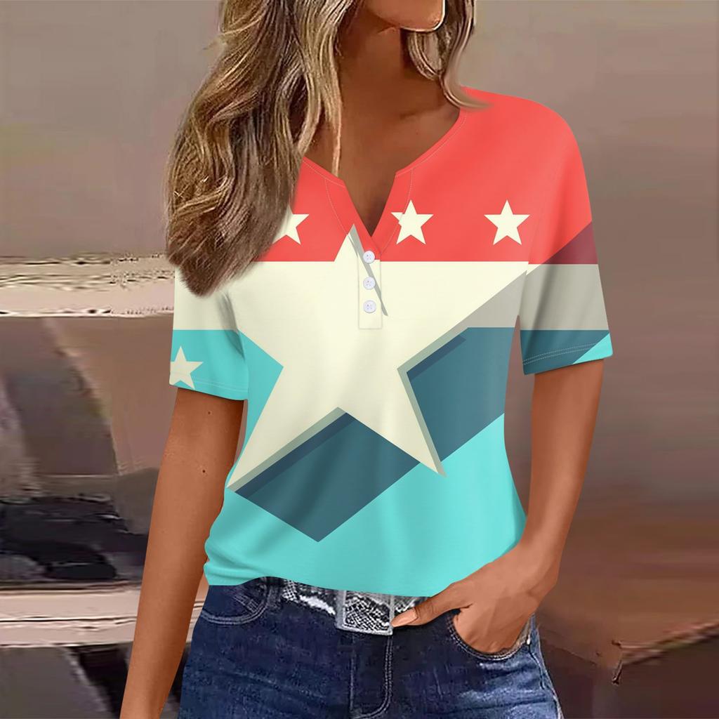 Women's T Shirt Tee Print Button Short Sleeve Daily Weekend Fashion Basic V- Neck Regular Top