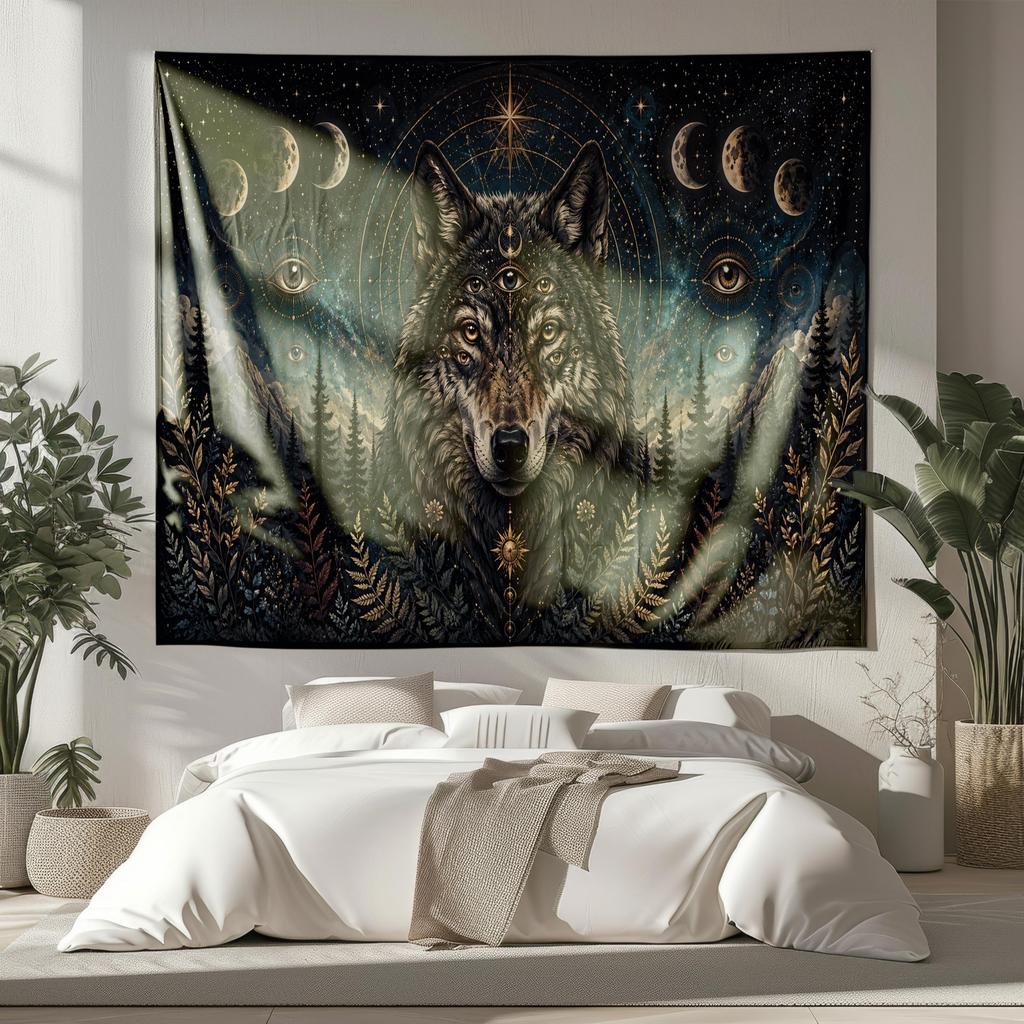Cosmic Wolf Tapestry Many Eyed Wolf Wall Hanging Moon Phase Celestial Decor Mystical Forest Witchy Dark Academia Wall Art
