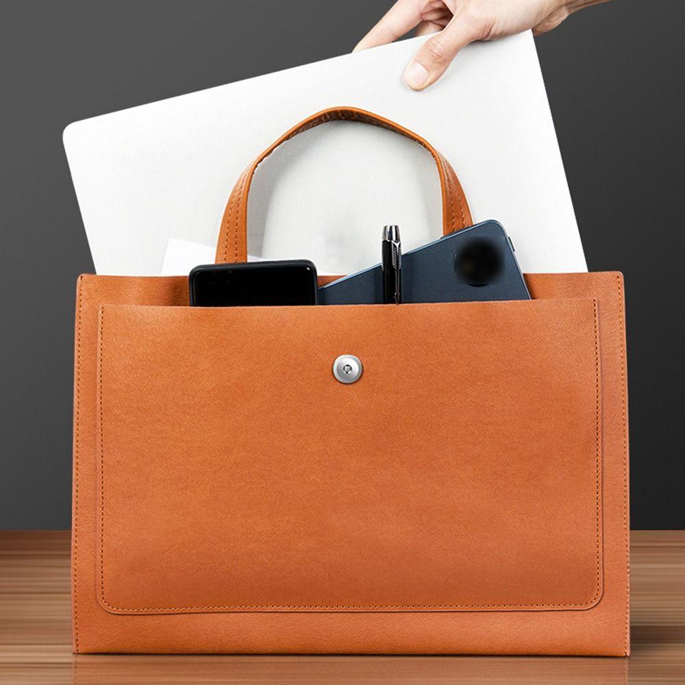 Large Capacity A4 Leather Document Bag Magnetic Button Simple Double Layer File Folder Elegant Lightweight