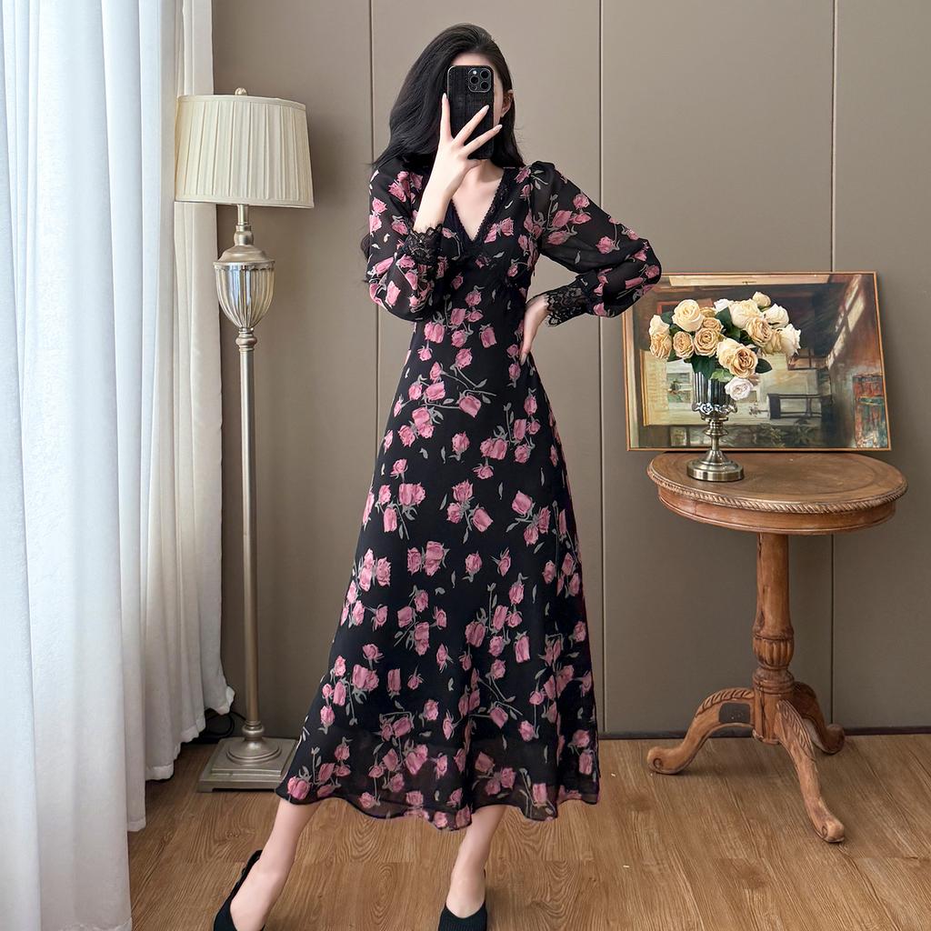 High-quality New Spring Chiffon Plus-size Floral V-neck French Print Elegant Long Drawstring High-waisted Dress