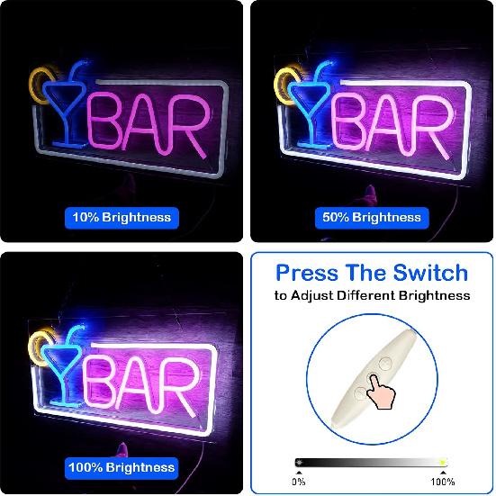 Neon Bar Signs for Home Bar, Neon Signs for Wall Decor Led Neon Light Beer Cocktail USB Powered with Dimmer & Switch, Light Up Neon Wall Signs for