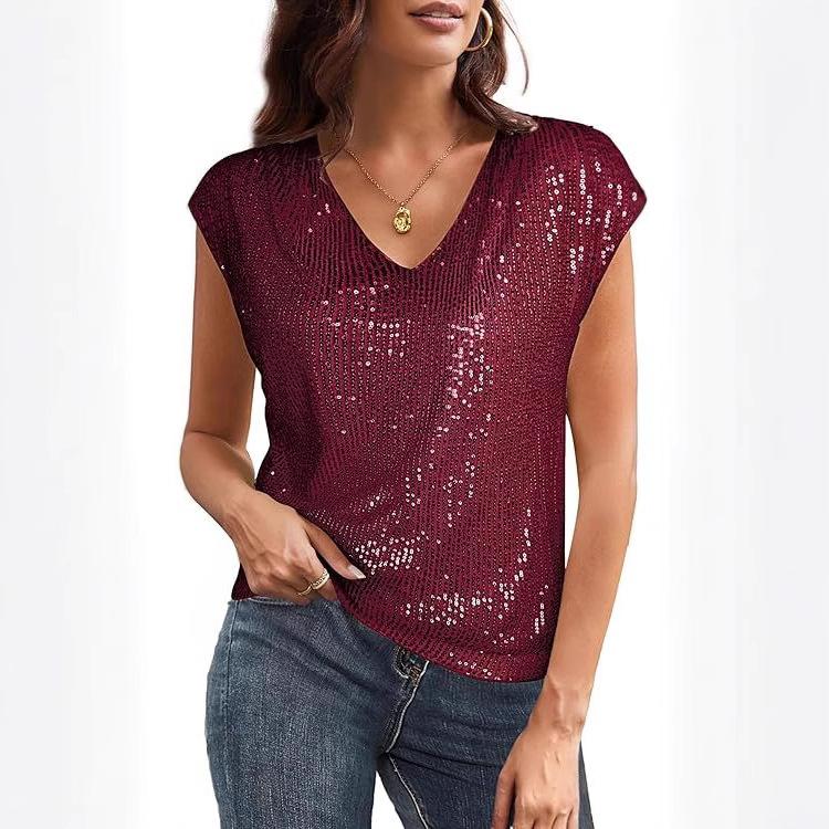 2026 Summer new shoulder sleeves sequined slim V-neck solid color top T-shirt women