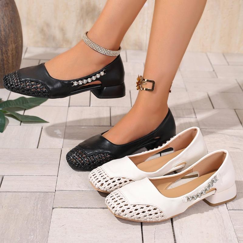 Fashion High-end Summer Breathable Woven Single Shoes Cut-out Shallow Rhinestone Block Heel Women's Shoes