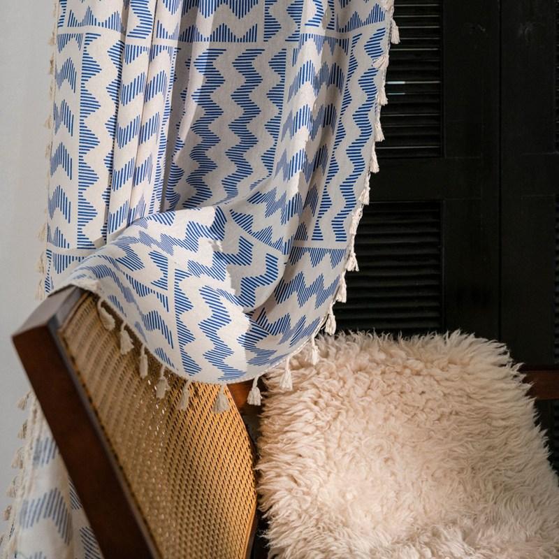American Style Cotton Linen Blue Ripple Printing Tassels Window Curtain Blackout Valance Bedroom Living Room  Semi-shading Drape
