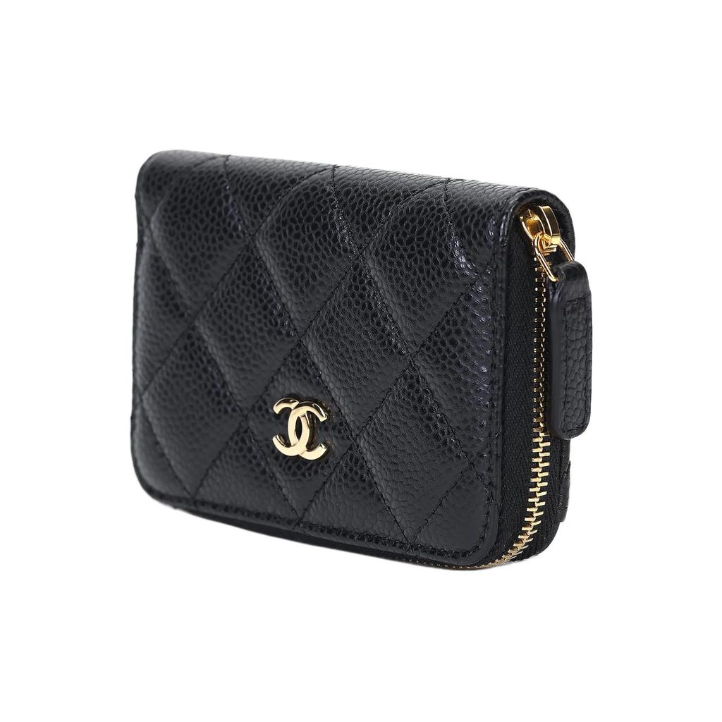 CHANEL Double C Logo Quilted Design Calfskin Coin Purse Women's Black