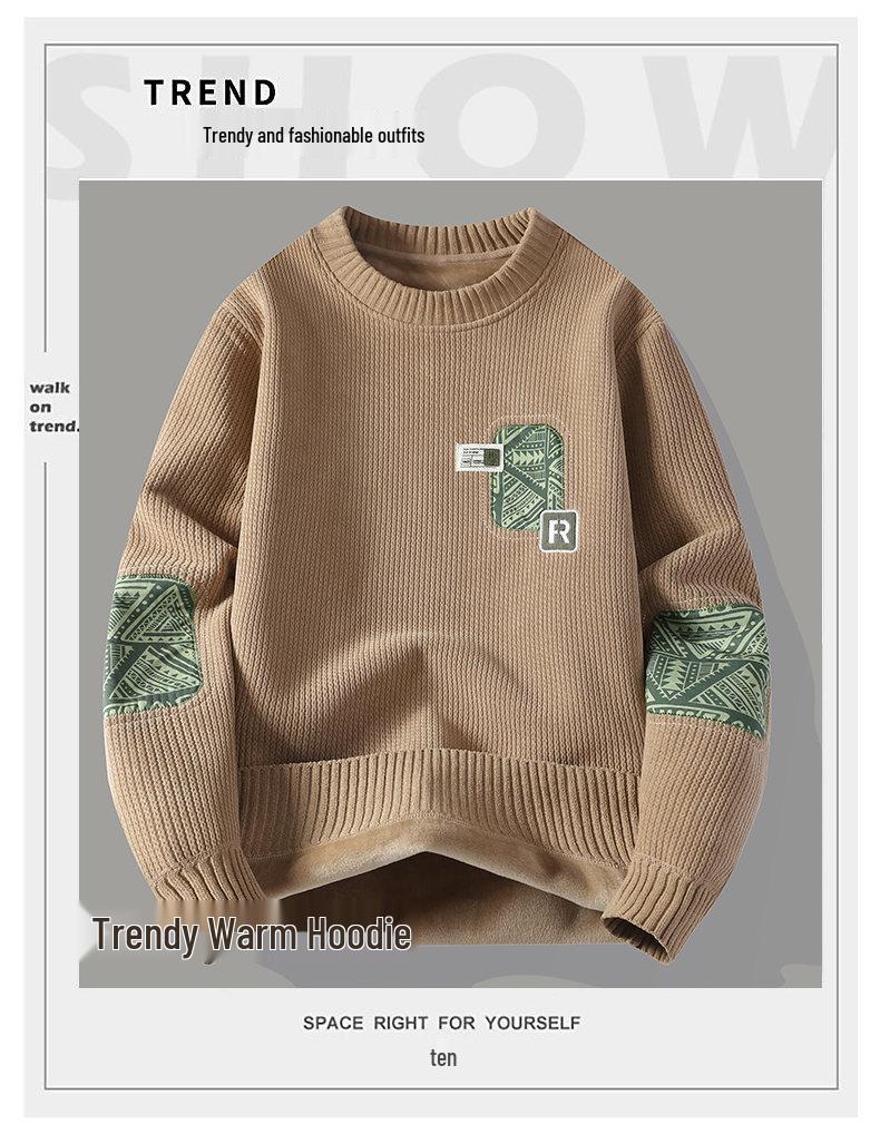 TBW9801 Velvet Warm Youthful Men's Round Neck Casual Hoodie